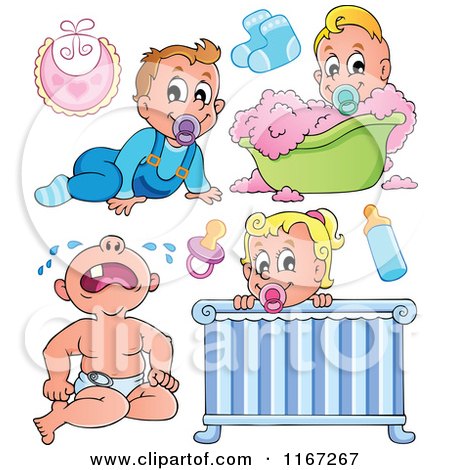 Cartoon of Babies and Items - Royalty Free Vector Clipart by visekart