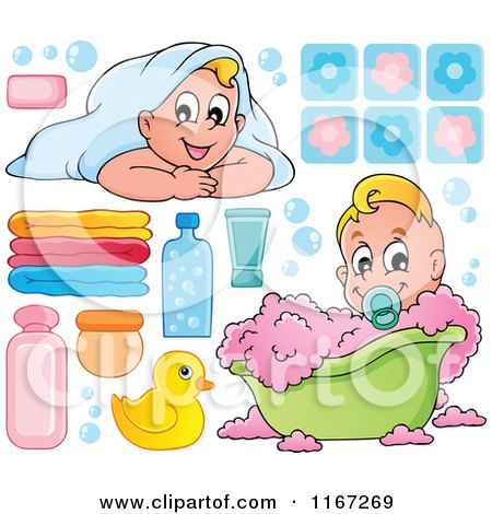 Cartoon of Babies and Bath Tub Items - Royalty Free Vector Clipart by visekart