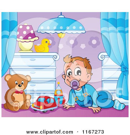 Cartoon of a Happy Baby Boy with Toys in a Nursery - Royalty Free Vector Clipart by visekart