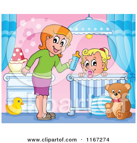 Cartoon of a Happy Mother Giving Her Daughter a Bottle in a Nursery - Royalty Free Vector Clipart by visekart