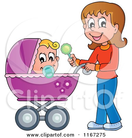 Cartoon of a Happy Mother Waving a Rattle and Pushing a Baby in a Stroller - Royalty Free Vector Clipart by visekart