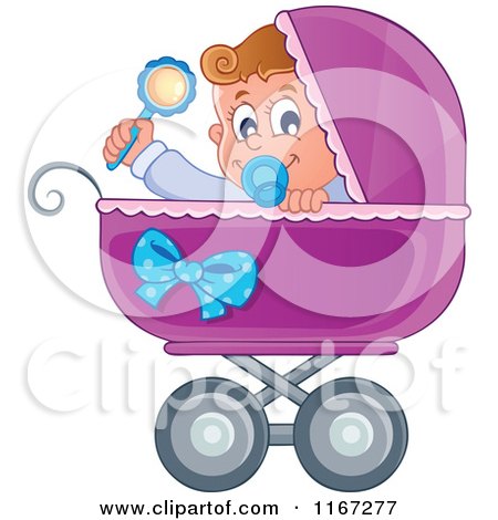Cartoon of a Baby Boy Waving a Rattle in a Purple Pram - Royalty Free Vector Clipart by visekart