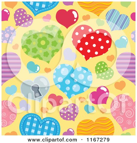 Cartoon of a Seamless Valentines Day Pattern with Patterned Hearts on Yellow - Royalty Free Vector Clipart by visekart