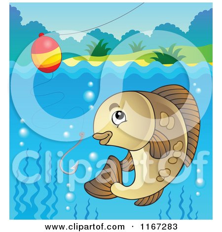Cartoon of a River Fish and Fishing Hook and Bobber - Royalty Free Vector Clipart by visekart