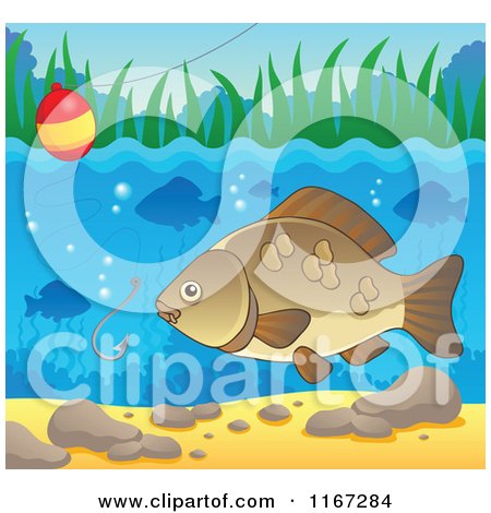 Cartoon of a River Fish and Fishing Hook and Bobber 2 - Royalty Free Vector Clipart by visekart
