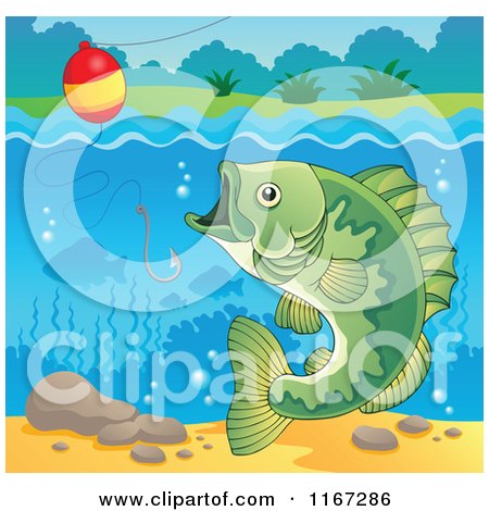 Cartoon of a River Bass Fish and Fishing Hook and Bobber 3 - Royalty Free Vector Clipart by visekart