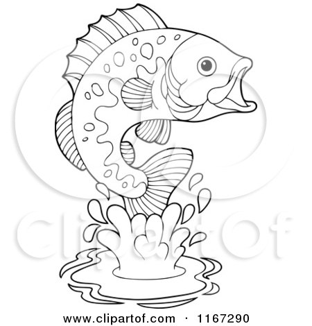 Cartoon of an Outlined Leaping Bass Fish - Royalty Free Vector Clipart by visekart