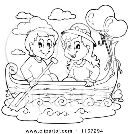 Cartoon of an Outlined Happy Couple with Valentine Balloons in a Boat - Royalty Free Vector Clipart by visekart