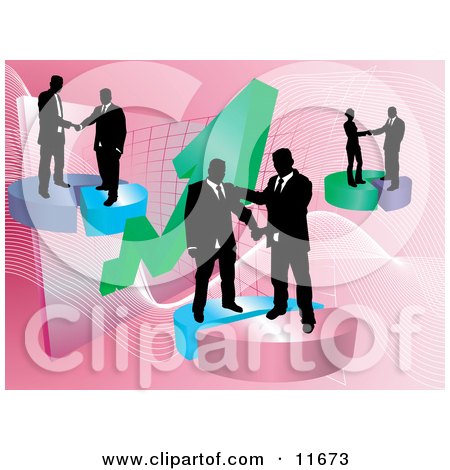 Groups of Businessmen Shaking Hands on Deals on Pie Charts, Increasing Revenue for the Company Clipart Illustration by AtStockIllustration