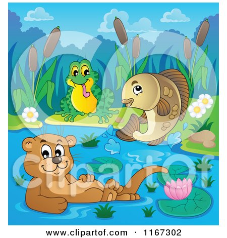 Cartoon of a Leaping Fish Floating Otter and Frog on a River - Royalty Free Vector Clipart by visekart