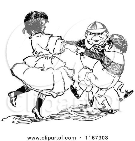 Clipart of Retro Vintage Black and White Alice Dancing with Tweedledee and Tweedledum - Royalty Free Vector Illustration by Prawny Vintage