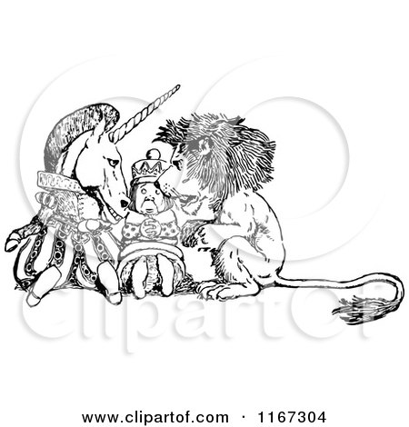 Clipart of a Retro Vintage Black and White Alice in Wonderland Unicorn King and Lion - Royalty Free Vector Illustration by Prawny Vintage