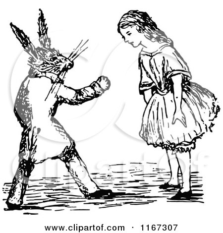 Clipart of Retro Vintage Black and White Alice Talking with a Rabbit - Royalty Free Vector Illustration by Prawny Vintage
