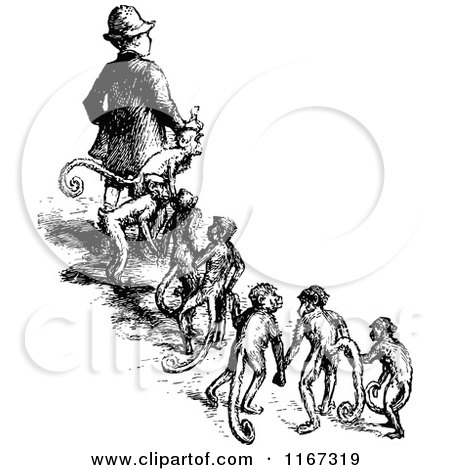 Clipart of a Retro Vintage Black and White Boy and Line of Monkeys - Royalty Free Vector Illustration by Prawny Vintage