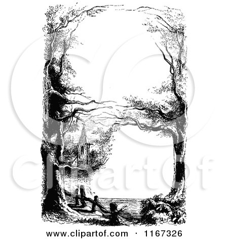 Clipart of a Retro Vintage Black and White Church Tower and Woodland Border - Royalty Free Vector Illustration by Prawny Vintage