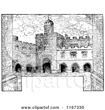 Clipart of a Retro Vintage Black and White Fortress with Copyspace - Royalty Free Vector Illustration by Prawny Vintage