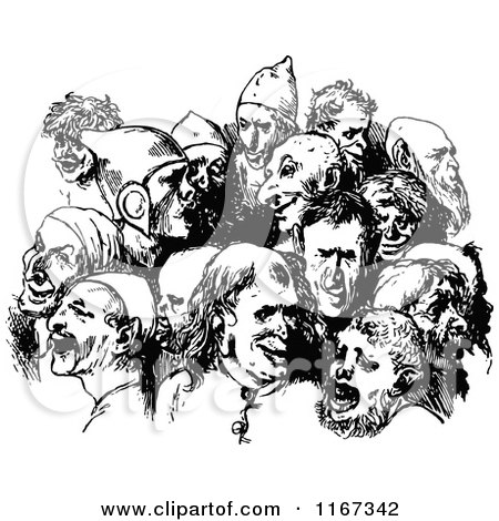 Clipart of a Retro Vintage Black and White Group of Ugly Men - Royalty Free Vector Illustration by Prawny Vintage