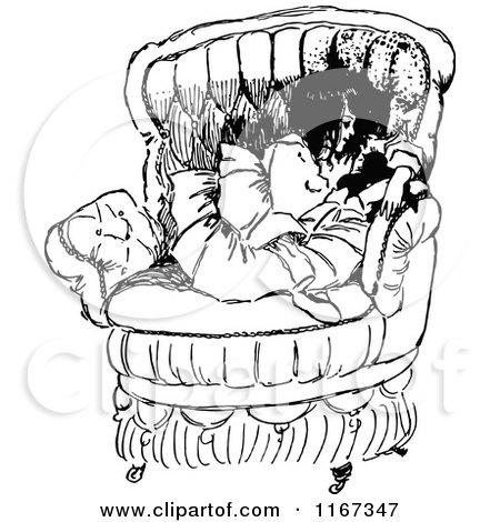 Clipart of a Retro Vintage Black and White Girl and Cat in a Chair - Royalty Free Vector Illustration by Prawny Vintage