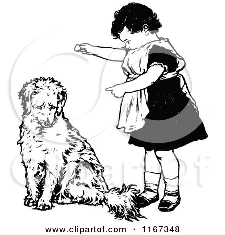 Clipart of a Retro Vintage Black and White Girl Training Her Dog - Royalty Free Vector Illustration by Prawny Vintage