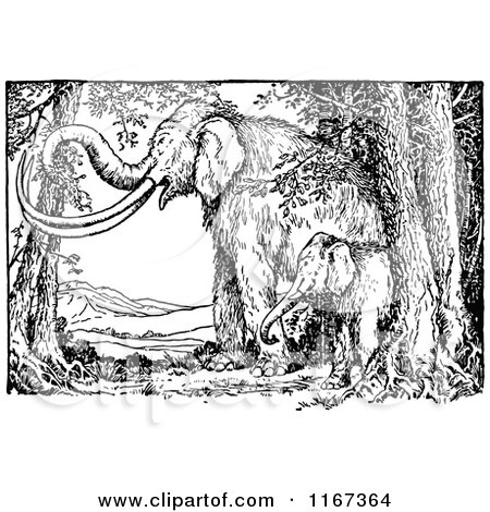 Clipart of Retro Vintage Black and White Mammoths in the Woods - Royalty Free Vector Illustration by Prawny Vintage