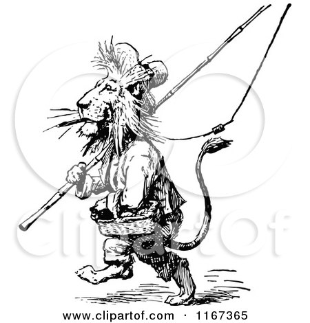 Clipart of a Retro Vintage Black and White Male Lion with Fishing Gear - Royalty Free Vector Illustration by Prawny Vintage