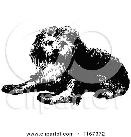 Clipart of a Retro Vintage Black and White Dog Laying - Royalty Free Vector Illustration by Prawny Vintage