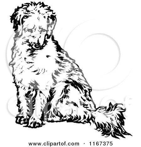 Clipart of a Retro Vintage Black and White Dog Sitting - Royalty Free Vector Illustration by Prawny Vintage