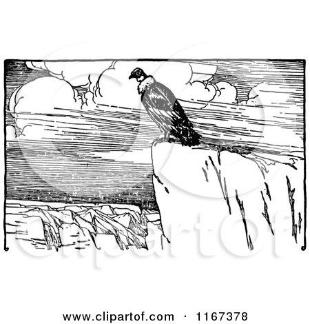 Clipart of a Retro Vintage Black and White Condor on a Cliff - Royalty Free Vector Illustration by Prawny Vintage