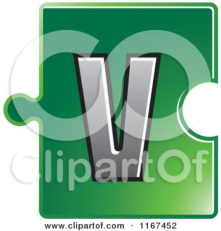 Clipart of a Green Jigsaw Puzzle Piece Letter V - Royalty Free Vector Illustration by Lal Perera