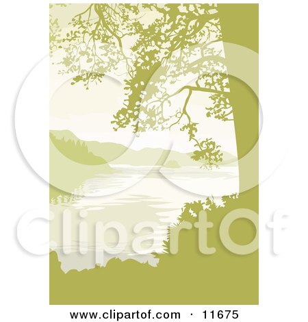 Lake, Mountains and Trees in Yellow Tones Clipart Illustration by AtStockIllustration