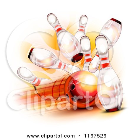 Clipart of a Fast Bowling Ball Crashing into Pins - Royalty Free Vector Illustration by Oligo