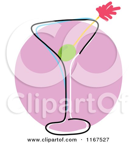 Cartoon of a Martini Olive in a Glass over a Pink Circle - Royalty Free Vector Clipart by Maria Bell