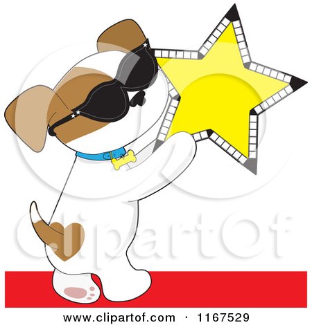 Cartoon of a Famous Puppy Wearing Sunglasses and Holding a Cinema Star - Royalty Free Vector Clipart by Maria Bell
