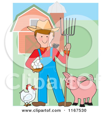 Cartoon of a Happy Farmer with a Pitchfork Eggs Chicken Bird and Pig by a Barn - Royalty Free Vector Clipart by Maria Bell