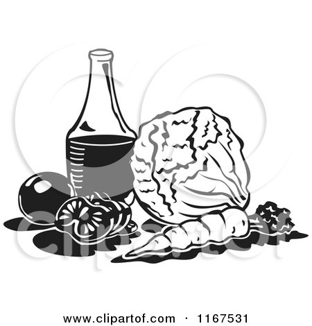 Clipart of a Black and White Retro Dressing Bottle and Vegetables - Royalty Free Vector Illustration by Andy Nortnik