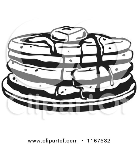 Clipart of a Black and White Retro Stack of Pancakes with Butter and Syrup - Royalty Free Vector Illustration by Andy Nortnik