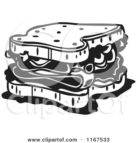 Clipart of a Black and White Retro Sandwich - Royalty Free Vector Illustration by Andy Nortnik