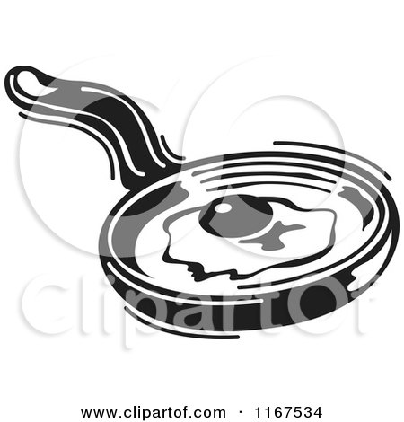Clipart of a Black and White Retro Egg Cooking in a Skillet - Royalty Free Vector Illustration by Andy Nortnik