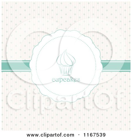 Clipart of a Retro Cupcake Label and Green Ribbon over Polka Dots and Stripes - Royalty Free Vector Illustration by elaineitalia
