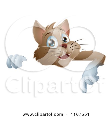 Cartoon of a Happy Brown Cat Pointing down at a Sign - Royalty Free Vector Clipart by AtStockIllustration