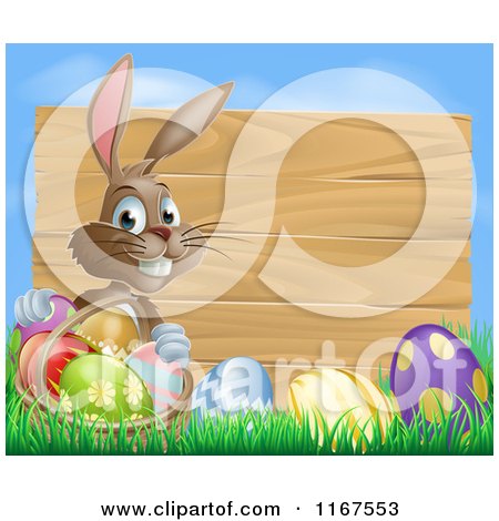 Cartoon of a Brown Easter Bunny with Eggs in Grass and a Basket by a Wood Sign with Blue Sky - Royalty Free Vector Clipart by AtStockIllustration