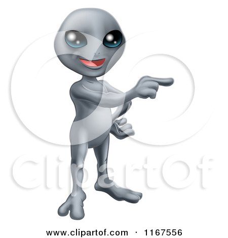 Cartoon of a Friendly Gray Alien Pointing - Royalty Free Vector Clipart by AtStockIllustration