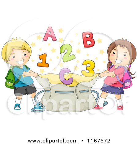 Cartoon of a School Boy and Girl Holding Open a Bag with Letters and Numbers - Royalty Free Vector Clipart by BNP Design Studio