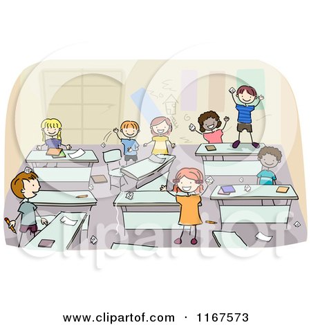 Cartoon of Diverse School Children in a Messy Classroom - Royalty Free Vector Clipart by BNP Design Studio