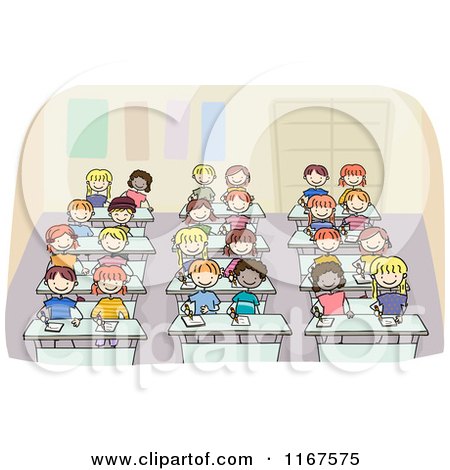Cartoon of Diverse School Children Writing at Their Desks - Royalty Free Vector Clipart by BNP Design Studio