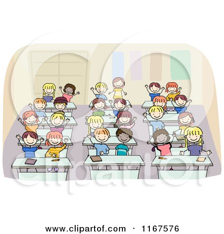 Cartoon of Diverse School Children Waving from Their Desks - Royalty Free Vector Clipart by BNP Design Studio