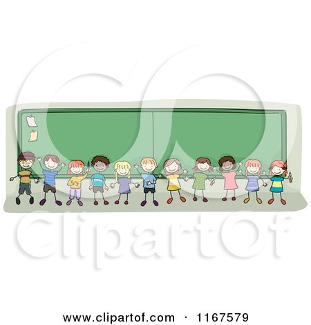 Cartoon of Diverse School Children Standing by a Chalk Board - Royalty Free Vector Clipart by BNP Design Studio