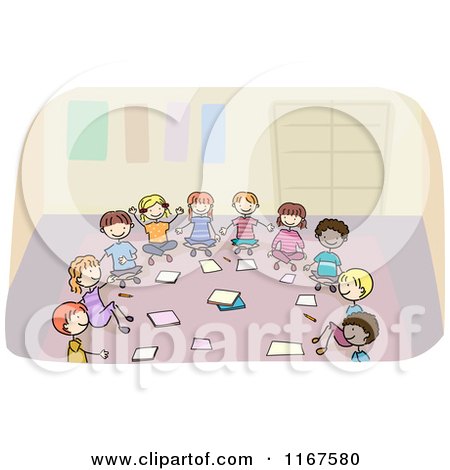 Cartoon of Diverse School Children Sitting in a Circle and Discussing a Project - Royalty Free Vector Clipart by BNP Design Studio