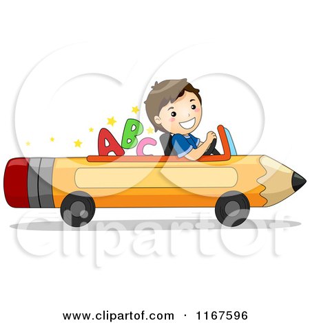 Cartoon of a Happy School Boy Driving a Pencil Car with Letters - Royalty Free Vector Clipart by BNP Design Studio