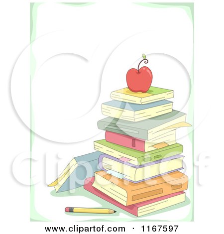 Cartoon of a Red Appl on a Stack of Books with Copyspace and a Green Border - Royalty Free Vector Clipart by BNP Design Studio
